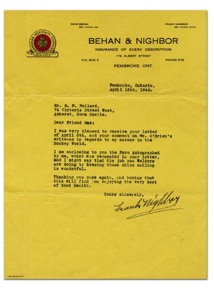 1943 Letter Signed by Hall-of-Famer Frank Nighbor