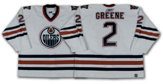 Matt Greene’s 2005-06 Edmonton Oilers White Playoffs Game Worn Jersey – Photo Matched!