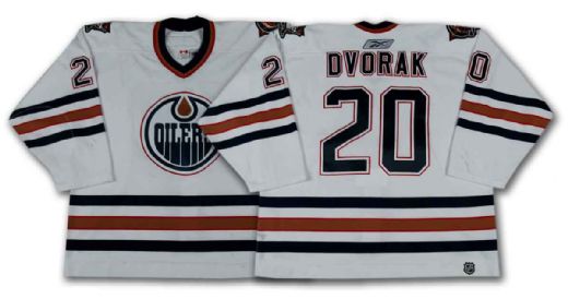 Radek Dvorak’s 2005-06 Edmonton Oilers White Playoffs Game Worn Jersey – Photo Matched!