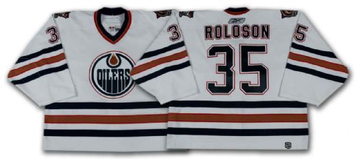 Dwayne Roloson’s 2005-06 Edmonton Oilers White Playoffs Game Worn Jersey – Photo Matched!