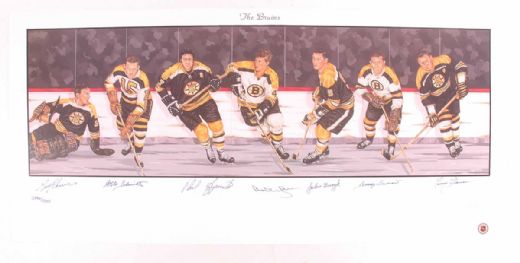 Boston Bruins Lithograph Autographed by 7 HOFers Including Orr (18” x 39”)