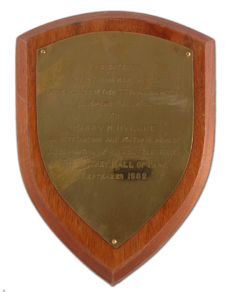 Plaque Presented to Hockey Hall-of-Famer Harry Hyland in 1962