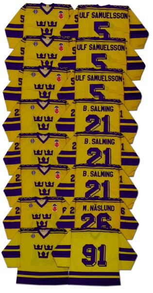 1991 Canada Cup Team Sweden Jersey Collection of 8 Including  Salming & Naslund