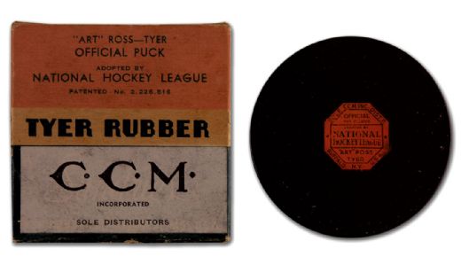 1940s Art Ross Tyer/CCM Official NHL Puck with Box