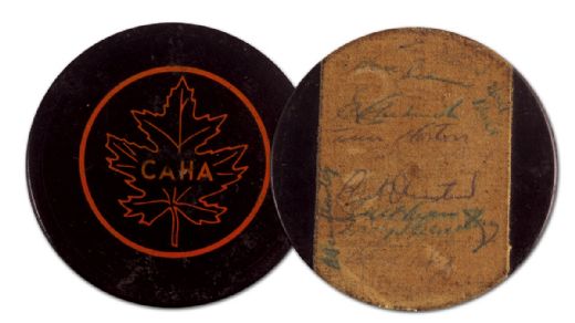 Scarce 1950s CAHA Puck Autographed by 8 Toronto Maple Leafs Including Horton