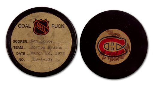 Ken Hodge and Mario Tremblay Goal Puck Collection of 2
