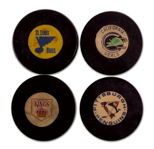 1967-68 Art Ross/Converse Expansion Team Game Puck Collection of 4 Including California