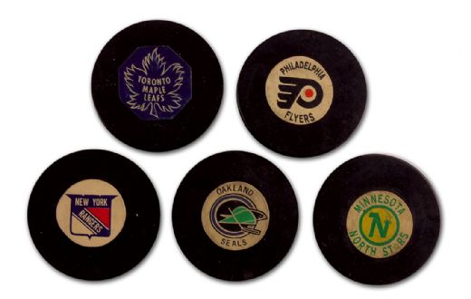 1968-69 Art Ross/Converse NHL Game Puck Collection of 5