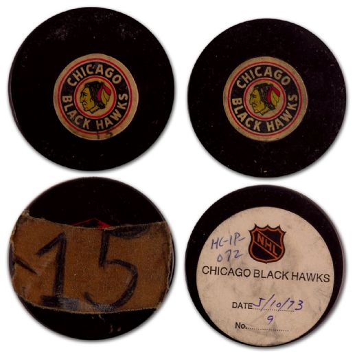 1973 Yvan Cournoyer Stanley Cup Winning Goal Puck & Record-Breaking Commemorative Puck