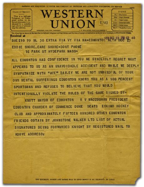 1933 Telegram to Eddie Shore Regarding he Ace Bailey Incident