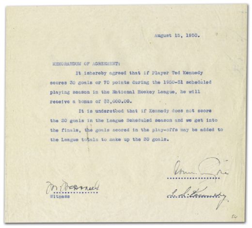 Ted Kennedy’s Contract Addendum Signed by Kennedy & Conn Smythe