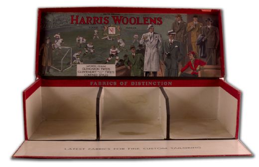 Early-1900s Harris Woolens Sample Box with Hockey Scene