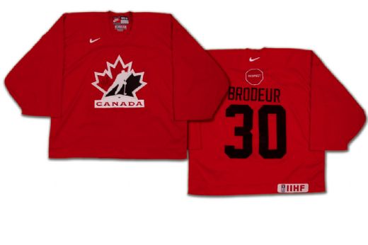 Martin Brodeurs 2006 Team Canada Olympic Exhibition Game Worn Autographed Jersey