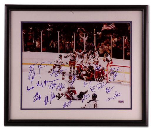 Team Signed 1980 Team USA Miracle On Ice Celebration Framed Photo (22” x 25”)