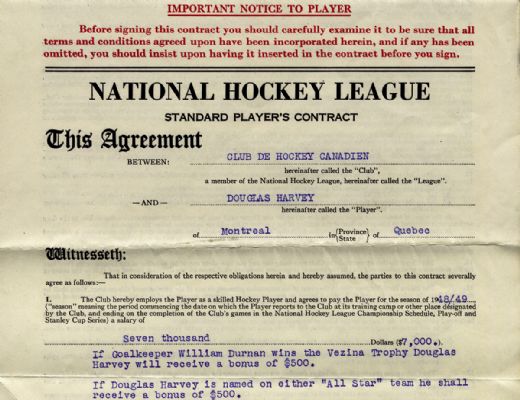 Doug Harvey’s 1948-49 Contract Signed by HOFers Harvey, Campbell & Raymond