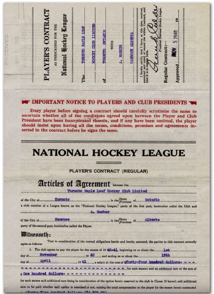 Maple Leafs Contract Collection of 3 with Frank Calder, Conn Smythe & Clarence Campbell Signatures