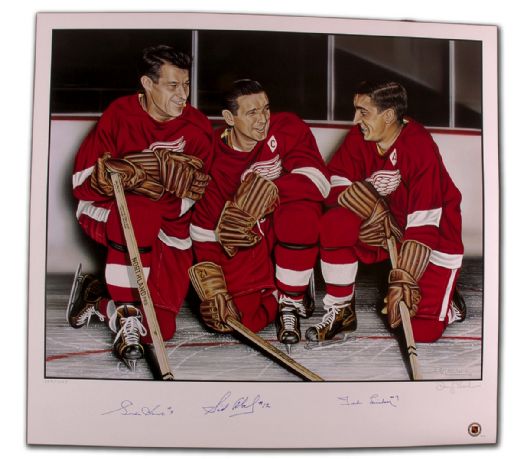 Detroit Red Wings Production Line Lithograph Autographed by Howe, Abel & Lindsay (27” x 29”)