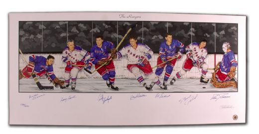 New York Rangers Lithograph Autographed by 7 HOFers (18” x 39”)