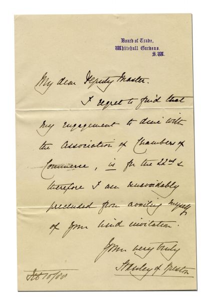 1888 Stanley of Preston Handwritten and Signed Letter