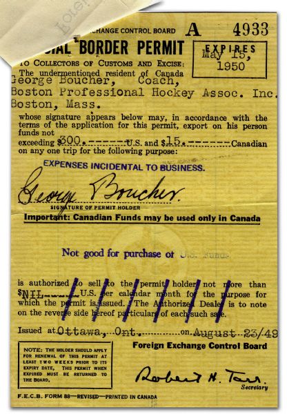 1949 Special Border Permit Signed by Hall-of-Famer George “Buck” Boucher