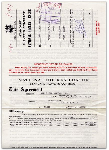 Jacques Plante’s 1970s Toronto Maple Leafs Contract