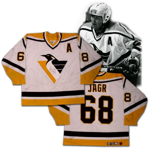 Jaromir Jagr’s 1993-94 Pittsburgh Penguins Autographed Game Worn Photo Matched Jersey