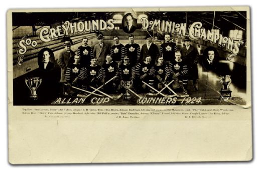 1923-24 Allan Cup Champion Soo Greyhounds Team Photo Postcard Including Bun Cook