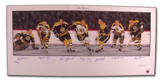 Boston Bruins Lithograph Autographed by 7 HOFers Including Orr (18” x 39”)