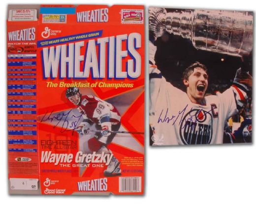 Wayne Gretzky Autographed Blues Jersey, Oilers Photo & Cereal Box
