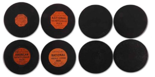 Collection of 4 Early Art Ross & Viceroy Pucks with Rubberized Logos