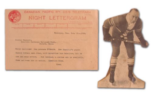 1920s Hockey-Related Telegram & Die-Cut Standup Display