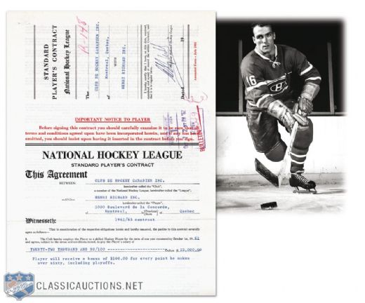 Henri Richard’s 1962-63 NHL Contract Signed by Richard, Selke & Campbell