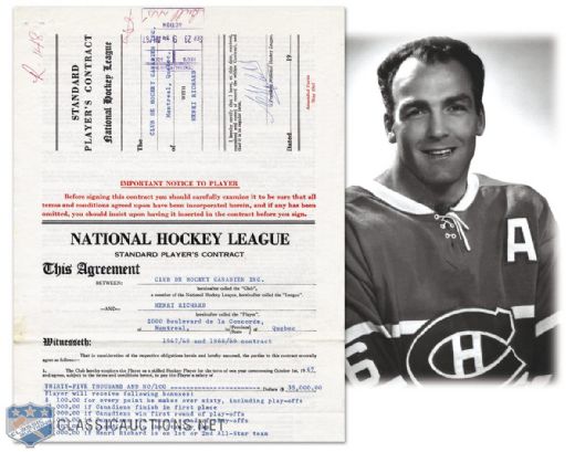Henri Richard’s 1967-68 NHL Contract Signed by Richard, Campbell & Molson