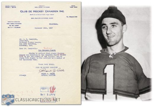 Jacques Plante Document Collection of 4 with Selke & Boucher Signatures