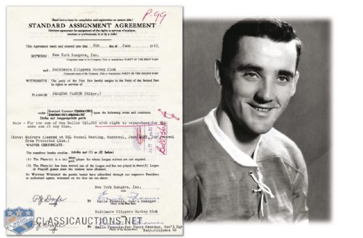 1965 Document Assigning Jacques Plante to AHL Baltimore