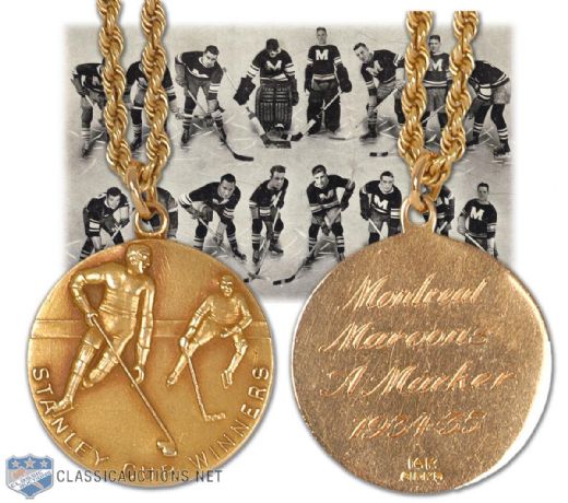 1934-35 Montreal Maroons Stanley Cup Gold Pendant Presented to Gus Marker
