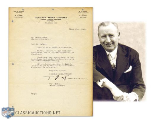 1945 Letter Signed by Hall-of-Famer Tommy Gorman