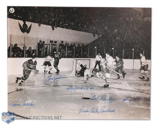 Multi-Signed Leafs/Canadiens Photo of Bill Barilko’s Famous 1951 Goal