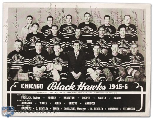 1945-46 Team Signed Chicago Black Hawks Photo Including Mosienko & the Bentleys