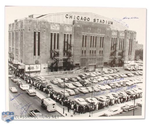 Chicago Stadium Photo Autographed by 10 Former Black Hawks