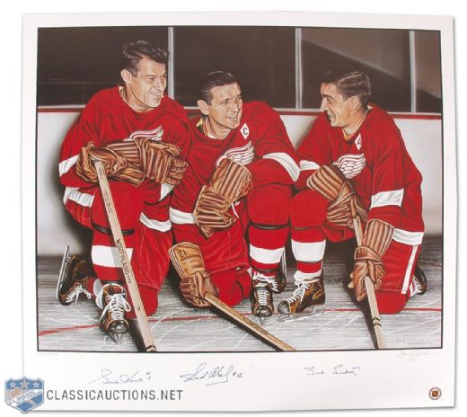 Detroit Red Wings Production Line Lithograph Autographed by Howe, Abel & Lindsay (27”x 29”)