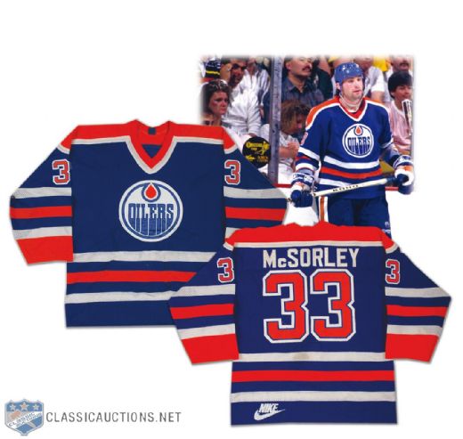 1985-86 Marty McSorley Edmonton Oilers Game Worn Jersey - Destroyed by Doug Risebrough!