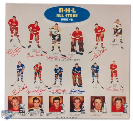 1950-51 NHL All-Star Team Display Autographed by Richard, Howe, Schmidt +++