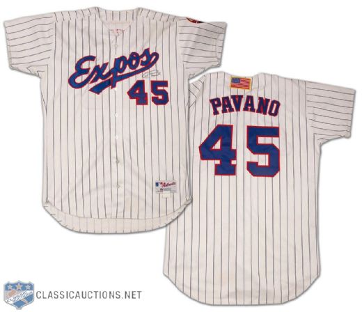 2001 Carl Pavano Expos Autographed Game Worn Jersey with 911 Patch