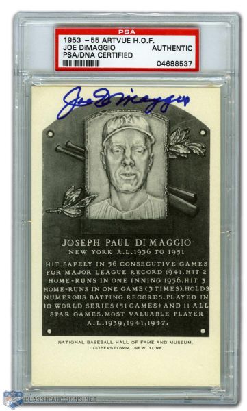 Joe DiMaggio Autographed White Artvue Hall of Fame Postcard (PSA/DNA)