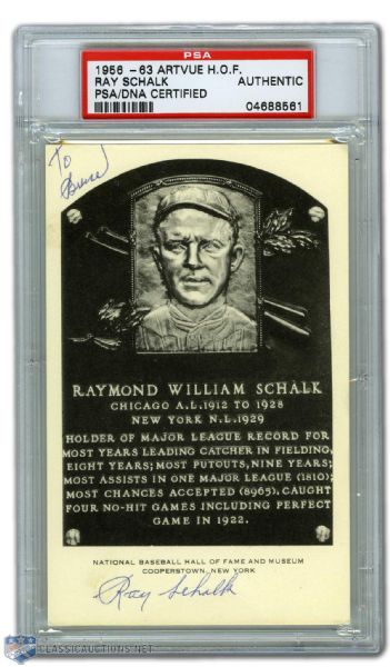 Ray Schalk Autographed White Artvue Hall of Fame Postcard (PSA/DNA)
