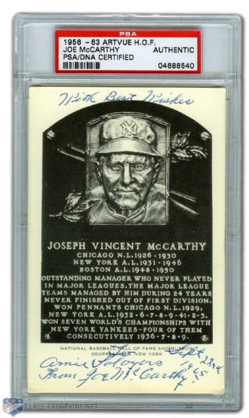 Joe McCarthy Autographed Artvue White Hall of Fame Postcard (PSA/DNA)