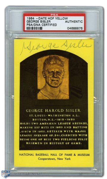 George Sisler Autographed Hall of Fame Postcard (PSA/DNA)