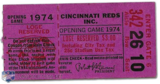 Ticket Stub from Hank Aaron’s Home Run Number 714 Game