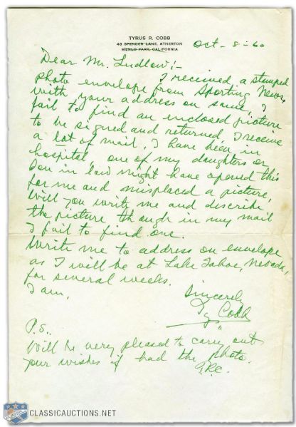 1960 Ty Cobb Handwritten & Signed Letter